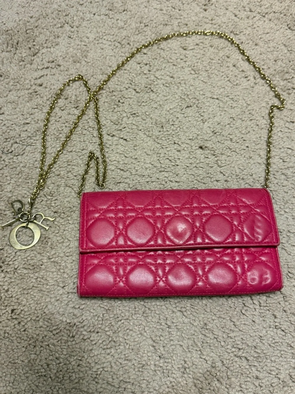 Dior Hot Pink Quilted Leather Chain Wallet with Gold Hardware